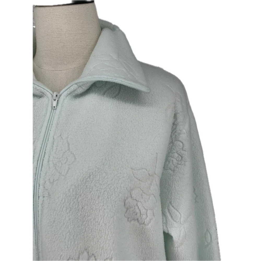 Miss Elaine Mint Green Floral Embossed Fleece Robe Zip Front Pockets Size‎ S